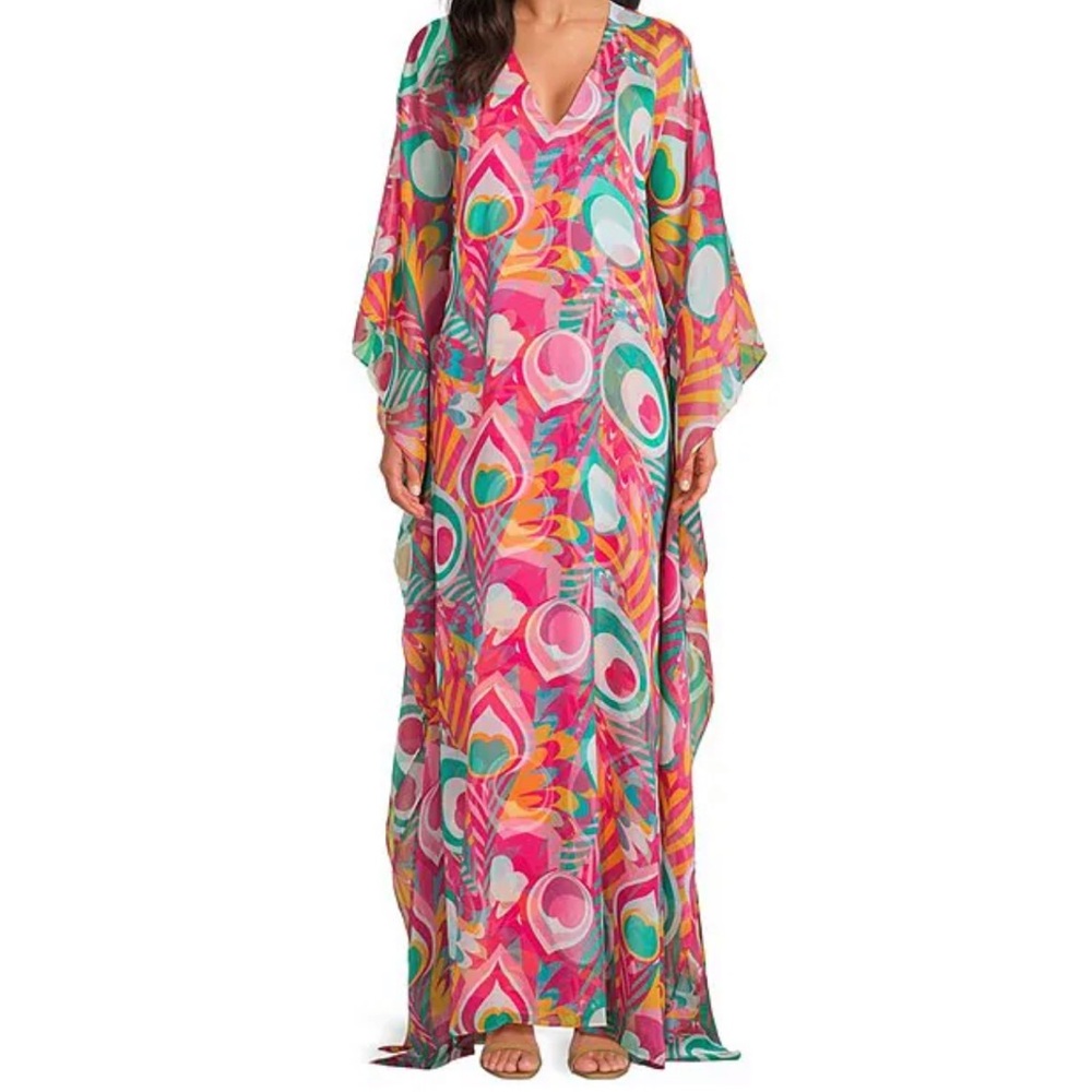 Trina Turk V-Neck Long Sleeve Caftan Salon Maxi Dress